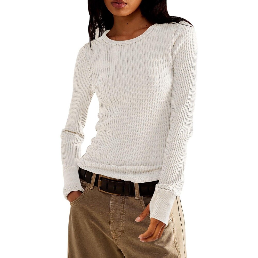 morhuduck Women's Waffle Knit Top L White Long Sleeve Crew Neck Slim Pullover